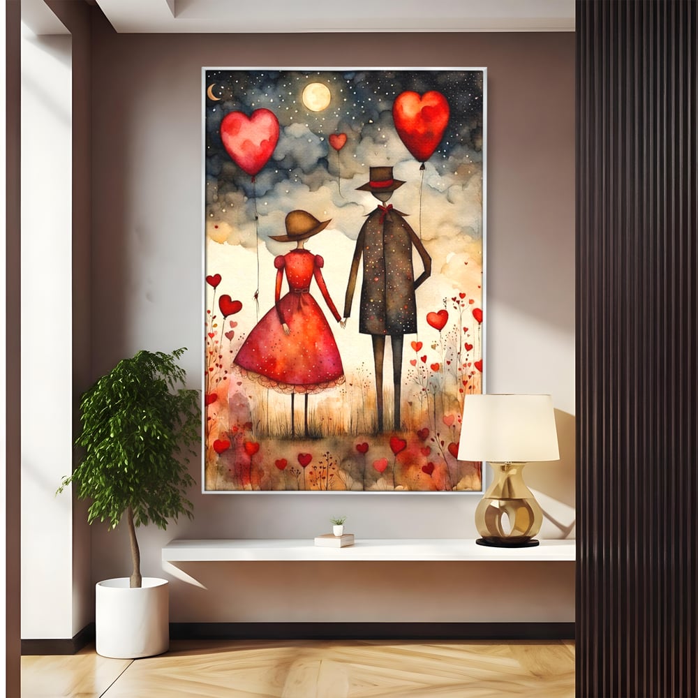 Tablou canvas cu ilustratie cu cuplu si baloane rosii in forma de inima, in rama de aluminiu argintiu